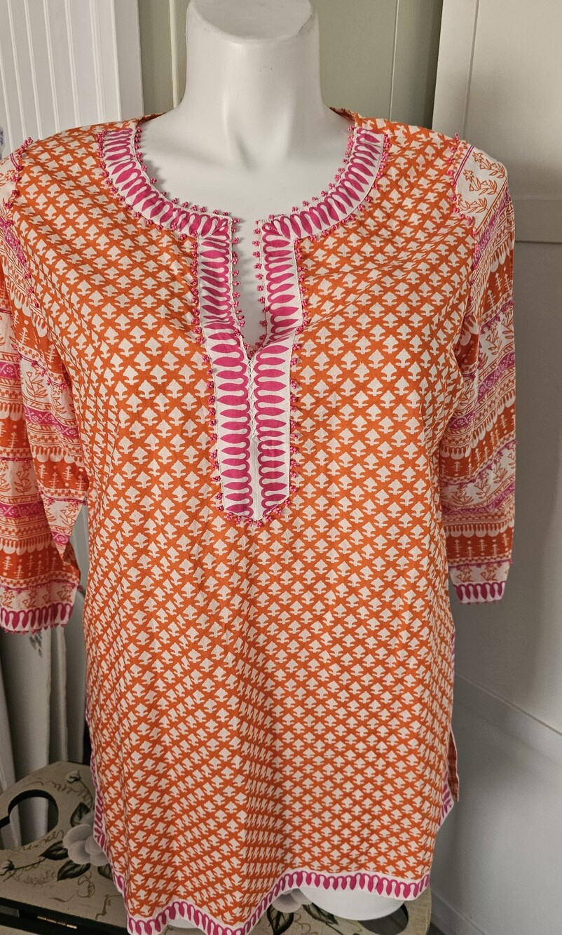 Gretchen Scott Tunic Top XL Orange Pink Geometric Beaded Embroidered New No Tags